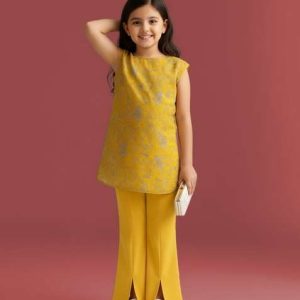 girls yellow embroideredÂ georgette kurta set