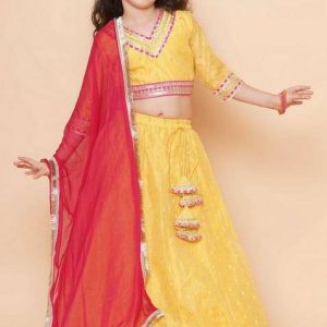 yellow jacquard lehenga with blouse and dupatta (set of 3)
