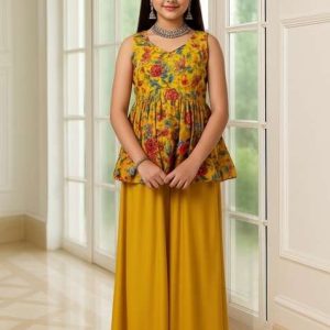 girls mustard yellow embroidered organza sharara set