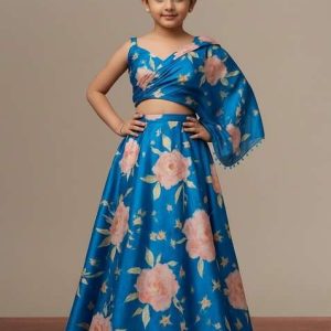girls blue floral print chiffon kurta set