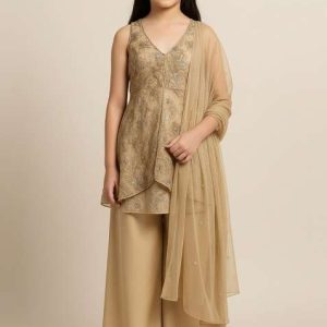 girls beige embellished net kurta set