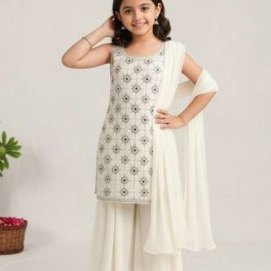 girls white embellished georgette sharara set