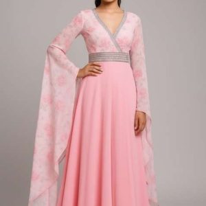 girls pink printed georgette anarkali set