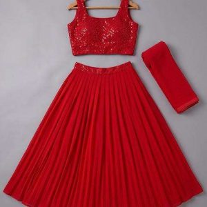 girls red sequin embroidered georgette lehenga set