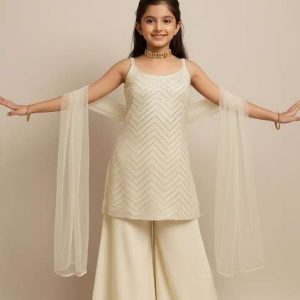 girls beige embroidered georgette sharara set