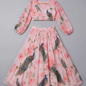 girls pink peacock print crop top skirt set