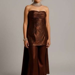 girls brown foil print knit sharara set