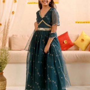 teal embellished lehenga with blouse with dupatta (set of 3)
