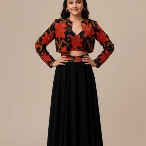 girls black printed crepe fusion set