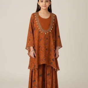 girls brown printed crepe sharara set