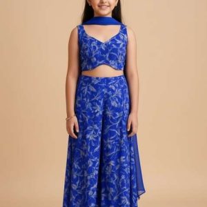 girls blue printed satin fusion set