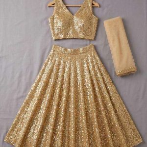 girls golden sequin net lehenga set