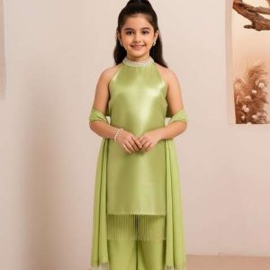 girls green solid organza kurta set