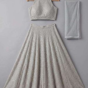girls cream embroidered net lehenga set