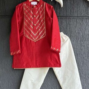 red chanderi cotton kurta set for boys