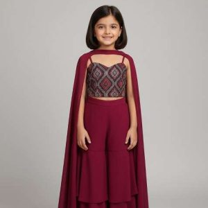 girls maroon embroidered velvet sharara set