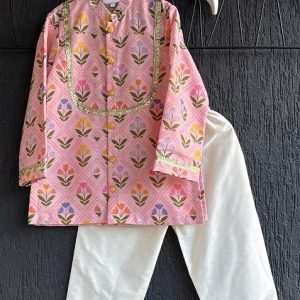 pink printed cotton silk kurta set for boys