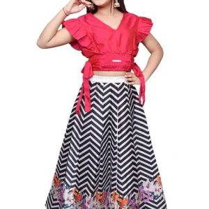 pink printed silk blend girls lehenga