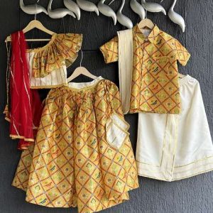 yellow printed cotton lehenga for girls