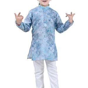 blue printed cotton blend kurta set for boys