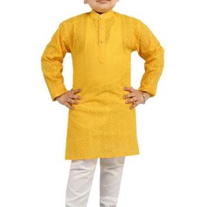 yellow embroidered cotton blend kurta set for boys
