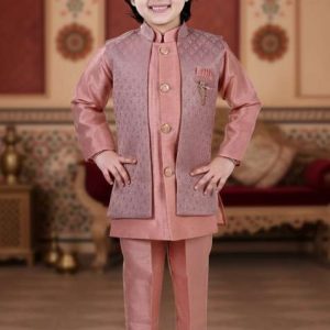 peach jacquard jacquard sherwani set for boys
