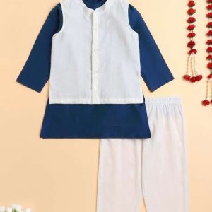 navy blue printed cotton kurta set with jacket for boys