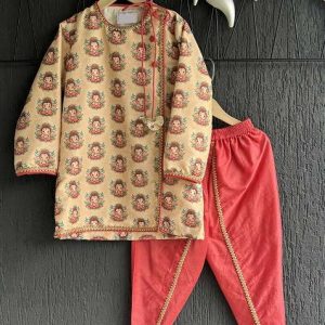 golden printed cotton kurta set for boys