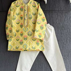 yellow printed cotton silk kurta set for boys