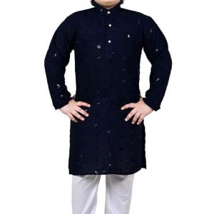 blue embroidered cotton blend kurta set for boys