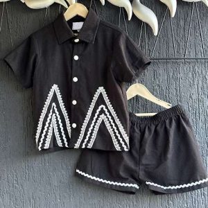 black slub cotton slub co ord set for boys