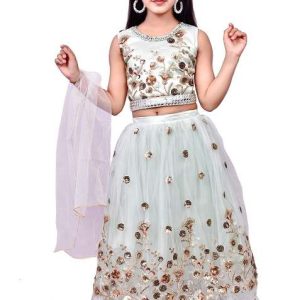 green embellished net girls lehenga