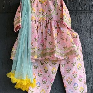 pink digital print cotton silk kurta set for girls