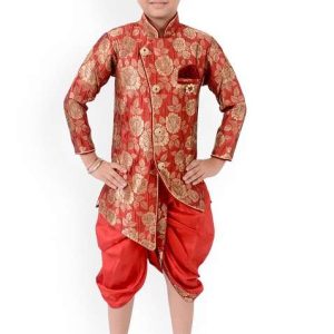 red jacquard jacquard kurta set for boys