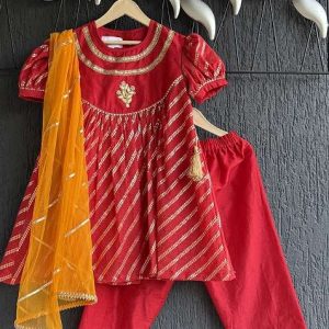 orange embroidery cotton kurta set for girls