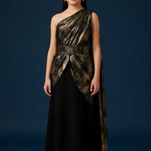 girls black foil print chinon pre draped saree set