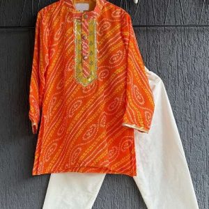 orange leheriya print cotton kurta set for boys