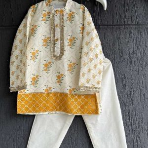 beige printed cotton kurta set for boys
