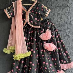 black printed cotton lehenga set for girls