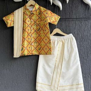yellow printed cotton lungi set for boys