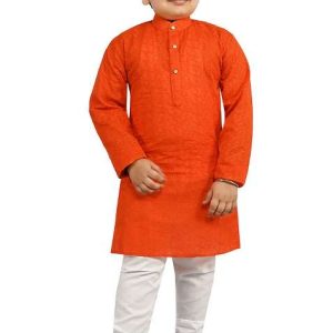 red embroidered cotton blend kurta set for boys