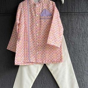 pink printed cotton kurta for boys