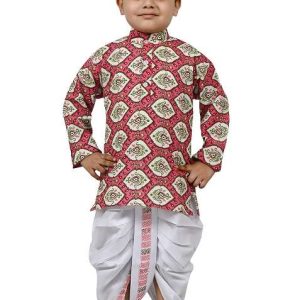 pink printed cotton blend kurta set for boys