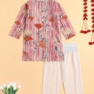 pink printed cotton kurta set for boys