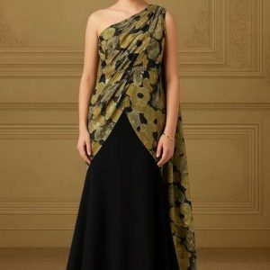 girls black floral print chinon pre draped saree set