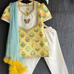 yellow digital print cotton silk kurta set for girls