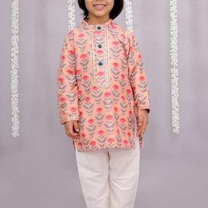 rose printed cotton kurta set for boys