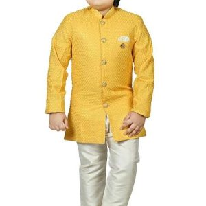 yellow jacquard jacquard boys sherwani