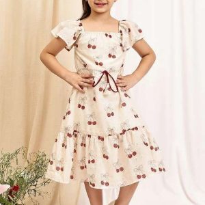 beige floral cotton blend dress for girls