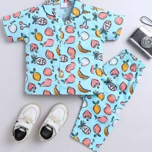 blue printed cotton shirt pant set for boys
